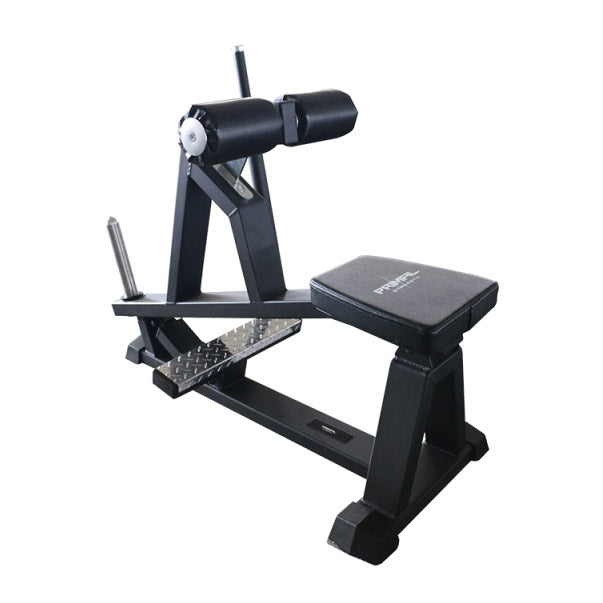 a black plate loaded seated calf raise gym machine